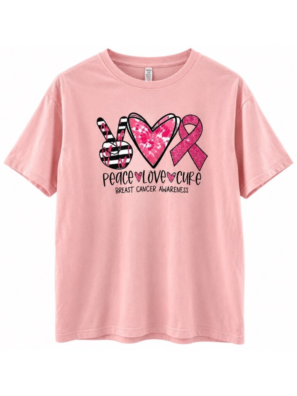 Peace Love Cure Breast Cancer Awareness Pink Graphic T-Shirt XL Cotton